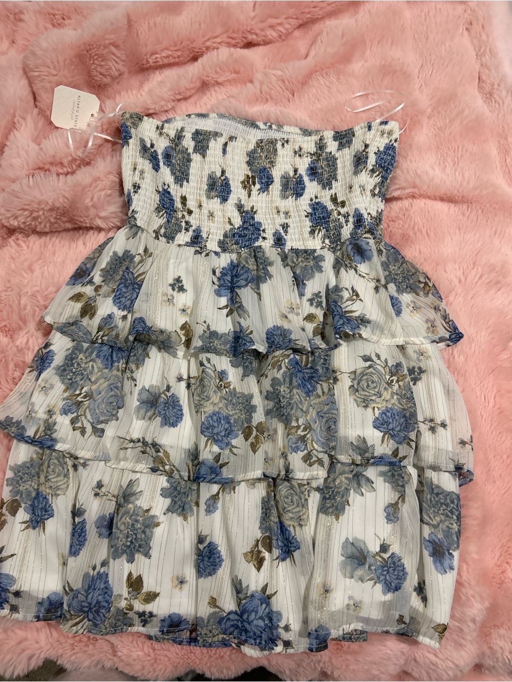 Altar'd State White Floral Blue Tiered Strapless Dress